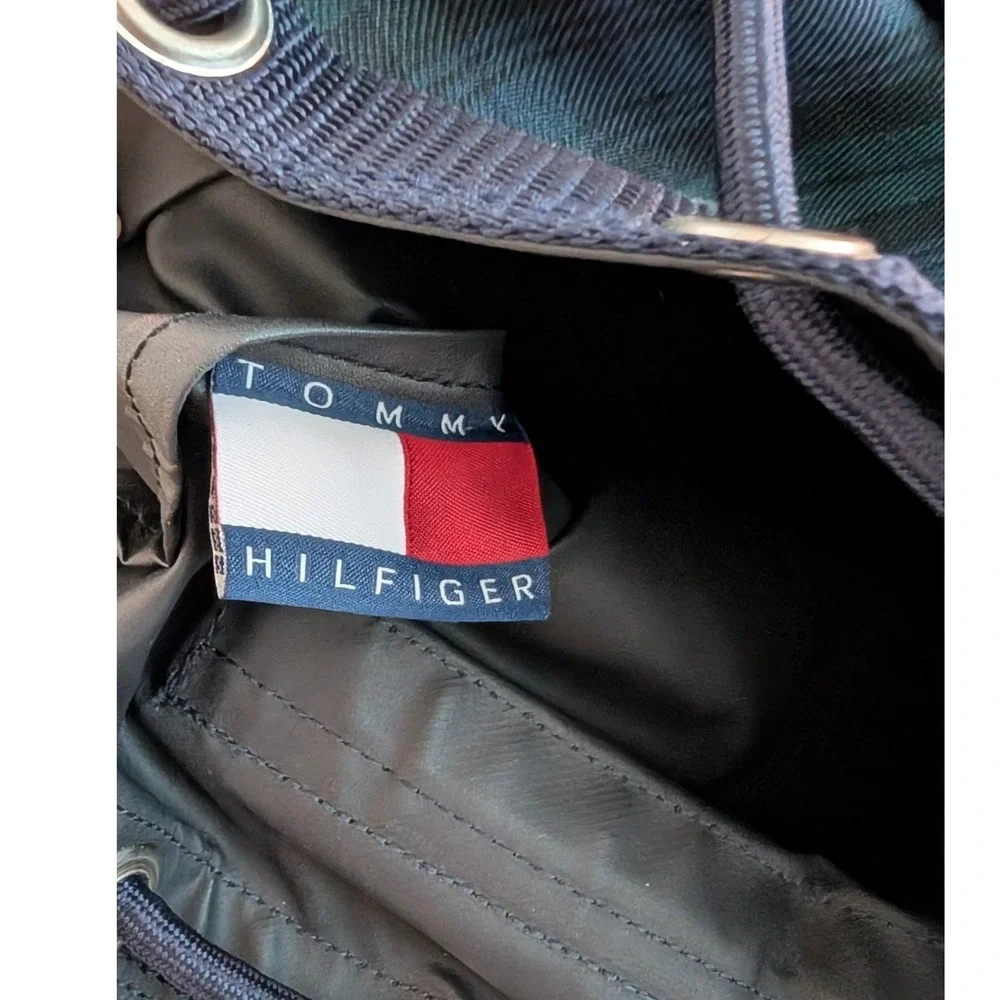 Vintage Tommy Hilfiger Spell Out Drawstring Cinch Backpack Navy Blue Green Plaid